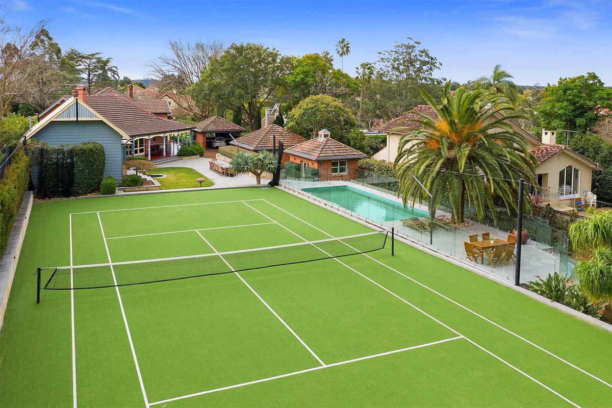 Grass tennis court in the garden of a North Shore estate