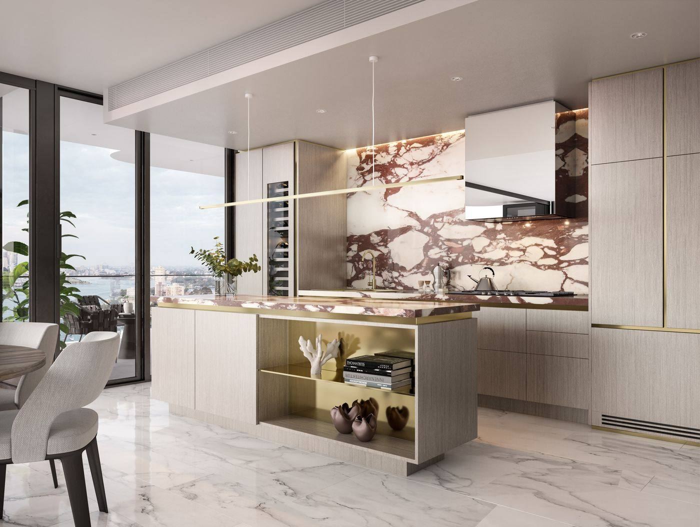 Kitchen with marble splashback and Gaggenau appliances